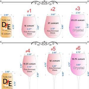 K&ouml;nnte beinhalten: Diagramm mit sechs verschiedenen Weinglasgr&ouml;&szlig;en mit Ma&szlig;en in Zoll und Unzen. Die Gl&auml;ser sind mit #1 bis #6 beschriftet. Die Gl&auml;ser sind alle klar und haben einen feinen Rand. Die Gl&auml;ser sind mit ihrer Gr&ouml;&szlig;e in Unzen und der Art des Glases beschriftet. Die Gl&auml;ser befinden sich alle auf einem wei&szlig;en Hintergrund.