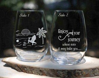 Engraved Beach Scene on Wine Glass, Personalizable