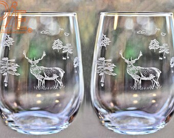 Elk Wine Glasses - Set of 2 - Optional 2nd Side Personalization