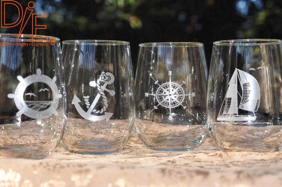 Nautical Wine Glass Set With Sailboat Ships Wheel Compass Rose Anchor