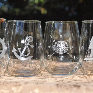 Nautical Wine Glass set with Sailboat Ships Wheel Compass Rose Anchor Optional Personalization