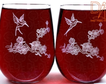 Engraved Hummingbird Wine Glasses: Cherry Blossom Design, Personalized Option