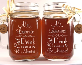 Eat Drink and Be Married Mason Jar Mugs Customized with Wooden Charms