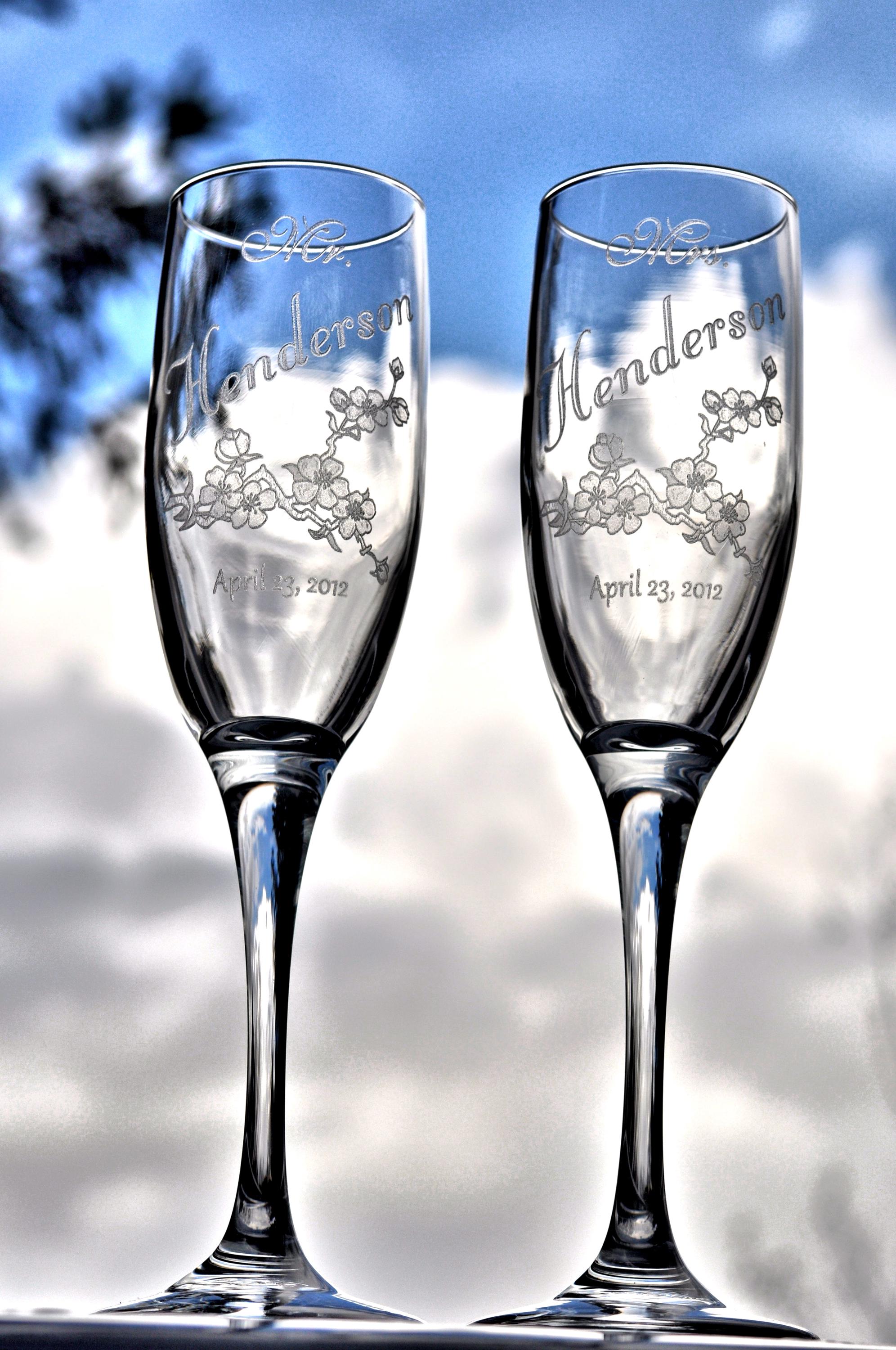 Cherry Blossom Champagne Glasses Personalized with Name and Date