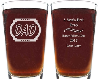 Dad A Son's First Hero Personalized Pilsner - Double Side Engraved Beer Glass