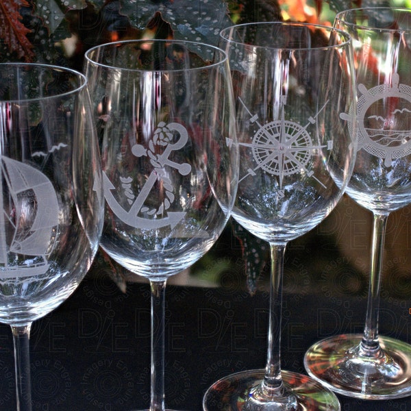 Nautical Wine Glasses Sailboat Anchor Compass Rose Ships Wheel Glass or Crystal Complimentary Side 2 Engraving