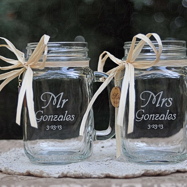 Mr and Mrs Mason Jar Mugs with engraved wood charms.  21 Font choices. Handle direction choices