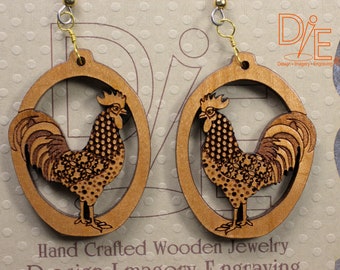 Rooster Earrings Cherrywood Surgical Steel Wires Valentine Birthday Mother's Day or Christmas Gift Wrap