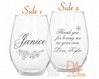 Stepmom Mothers Day Gift Wine Glass with Cherry Blossom art Personalized