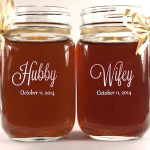 Wifey Hubby Mason Jars with Choice of Wood Charms