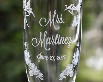 Hummingbirds and Cherry Blossoms Wedding Champagne Toasting Flutes (2) - Personalized with Name or Initials