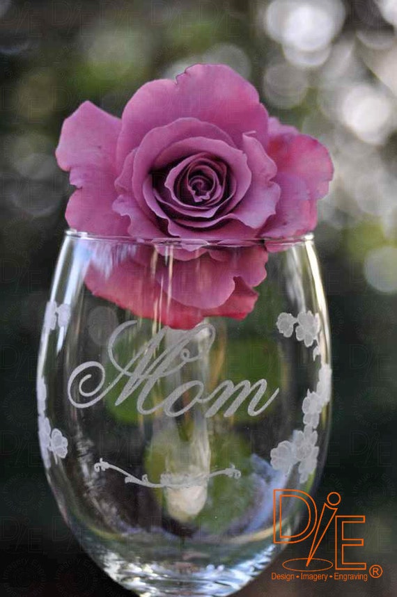 Mom Wine Glass with Cherry Blossom Art Optional Personalization