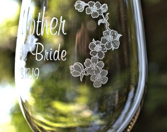 Engraved Cherry Blossom Wine Glass: Mother of the Bride/Groom, Wood Charm