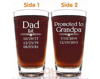 Christmas  Promoted to Beer Glass - Gift for Dad  Husband or Grandpas with Kids Birthdates - Up to 8 Birthdates per side