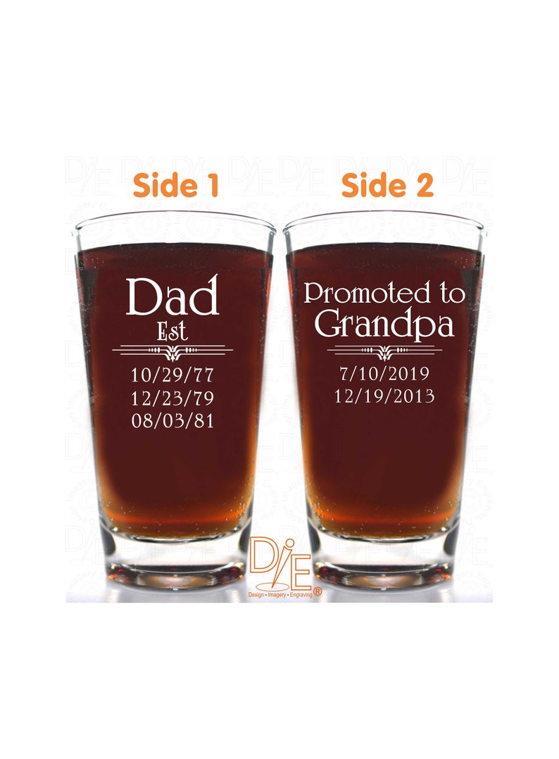 Christmas Promoted to Beer Glass Gift for Dad Husband or Grandpas with Kids Birthdates Up to 8 Birthdates per side image 1