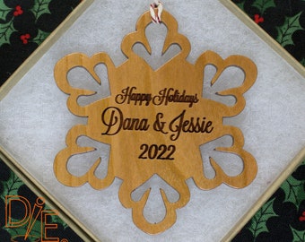 Snowflake Ornament Personalized Solid Cherrywood Hand Sanded