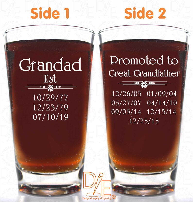 Christmas Promoted to Beer Glass Gift for Dad Husband or Grandpas with Kids Birthdates Up to 8 Birthdates per side image 2