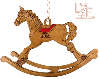 Current Year Dated Rocking Horse Ornament - Wood Inlay on Cherrywood