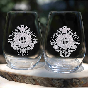 Sunflowers 2 Wine Glass Set Offered in Stemmed or Stemless Wine Glasses or Crystal Wine Glasses