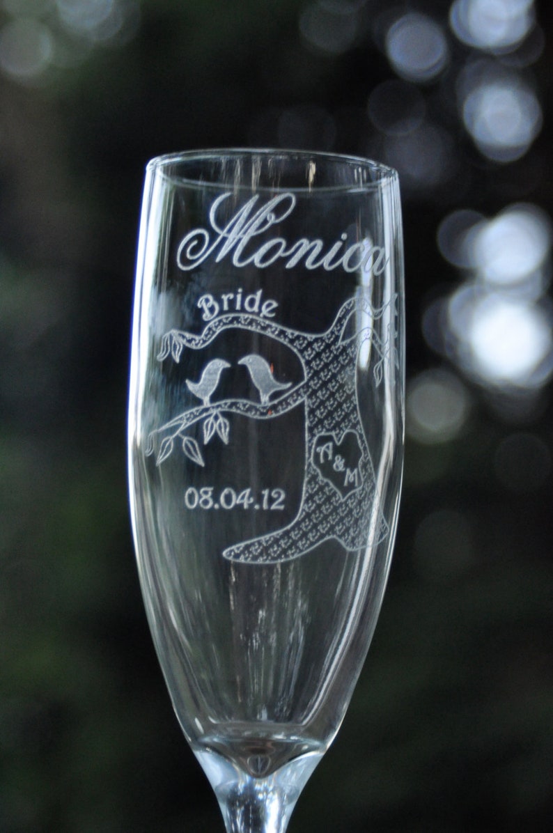 Love Birds in a Tree Champagne Flutes with Initials Carved in Tree Trunk Personalized image 3