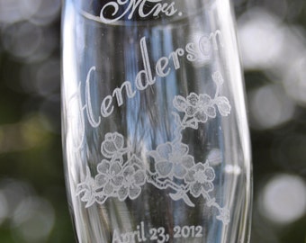 Cherry Blossom Champagne Glasses Personalized with Name and Date