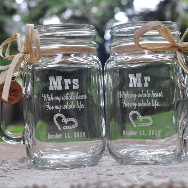 Horseshoe Mr and Mrs Mason Jars by Design Imagery Engraving