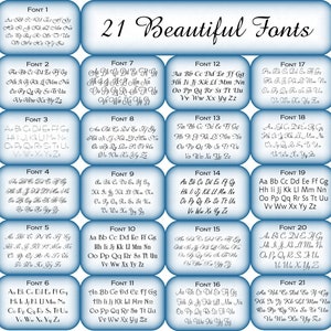 May include: A chart of 21 different fonts, each displayed in a blue square with a white border. The fonts are labeled with numbers 1 through 21. The text "21 Beautiful Fonts" is displayed at the top of the chart.