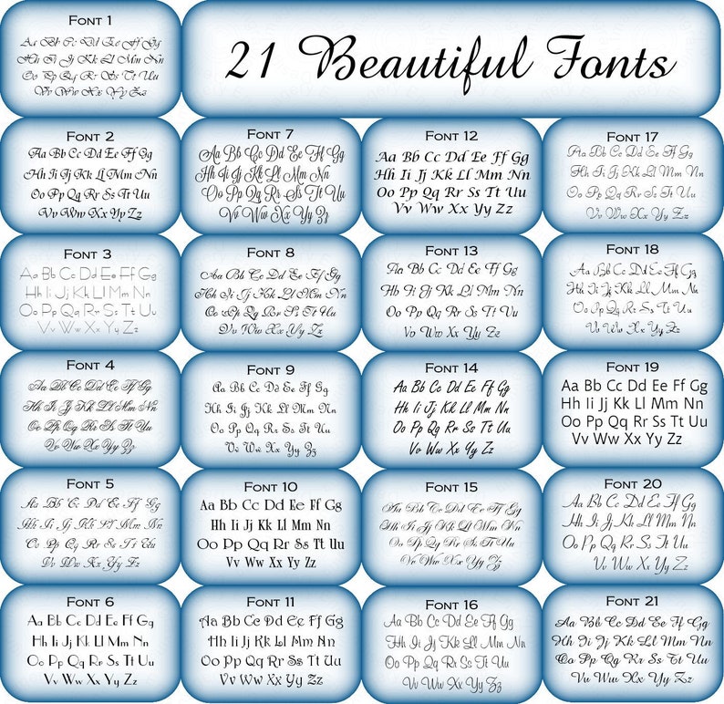 May include: A chart of 21 different fonts, each displayed in a blue square with a white border. The fonts are labeled with numbers 1 through 21. The text "21 Beautiful Fonts" is displayed at the top of the chart.