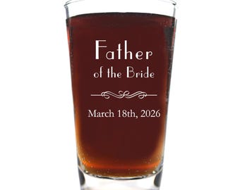 Wedding Beer Glass for Gents with Engraved Bow Choice of Titles and Your Date