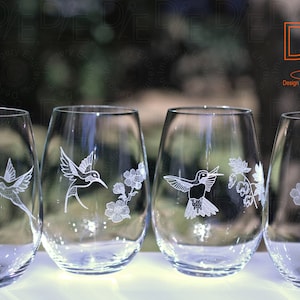 Hummingbird Wine Glasses - Set of 4 - Optional Personalization