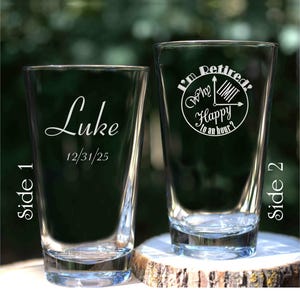 Retirement Clock Beer Glass Double Side Engraved Personalized with Name and Date