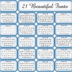 K&ouml;nnte beinhalten: Eine blaue und wei&szlig;e Grafik mit 21 verschiedenen Schriftarten, die in einem Raster angezeigt werden. Die Schriftarten sind alle kursiv und dekorativ. Der Text "21 Beautiful Fonts" befindet sich oben auf der Grafik.