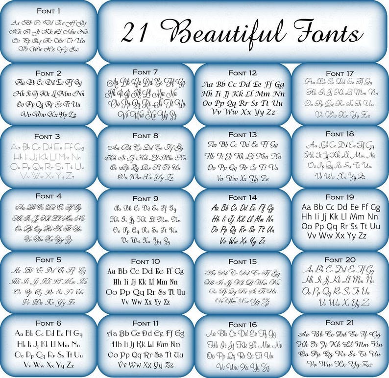 K&ouml;nnte beinhalten: Eine blaue und wei&szlig;e Grafik mit 21 verschiedenen Schriftarten, die in einem Raster angezeigt werden. Die Schriftarten sind alle kursiv und dekorativ. Der Text "21 Beautiful Fonts" befindet sich oben auf der Grafik.