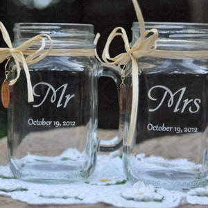 Mason Jar Wedding Glasses Mr and Mrs Choice of 21 Fonts Left or Right Handles image 1