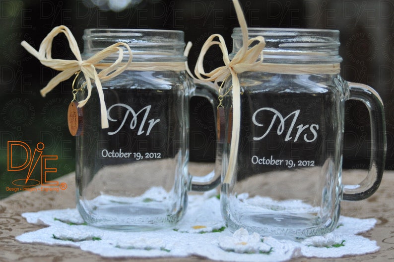 Mason Jar Wedding Glasses Mr and Mrs Choice of 21 Fonts Left or Right Handles image 1