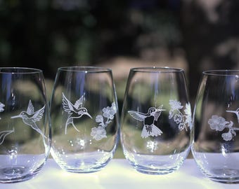 Hummingbird Wine Glasses - Set of 4 - Optional Personalization