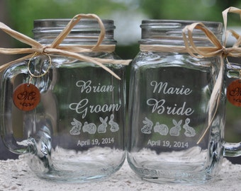 Bunnies Wedding Mason Jar Table Setting - Personalized Bride and Groom Toasting Glasses