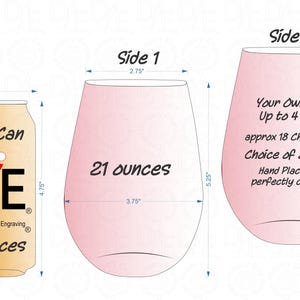K&ouml;nnte beinhalten: Ein Vergleich von zwei verschiedenen Gr&ouml;&szlig;en personalisierter Weingl&auml;ser. Das kleinere Glas ist 12 Unzen und das gr&ouml;&szlig;ere 21 Unzen. Beide Gl&auml;ser sind rosa und bieten die M&ouml;glichkeit, Text auf bis zu 4 Zeilen mit einer Auswahl von 21 Schriftarten hinzuzuf&uuml;gen.