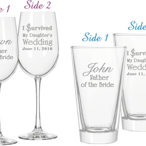 I Survived my Daughters Wedding - Personalized Wine and Pilsner Gift Set for Brides Parents or Grooms Parents