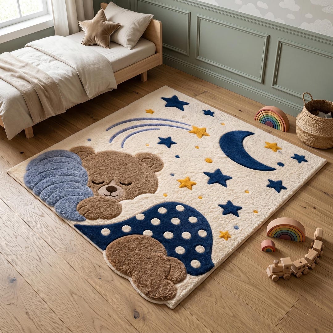 Baby Sleep Rug Sleeping Teddy Bear Moon Star Nursery Rug, Plush Tufted Playroom Carpet ...