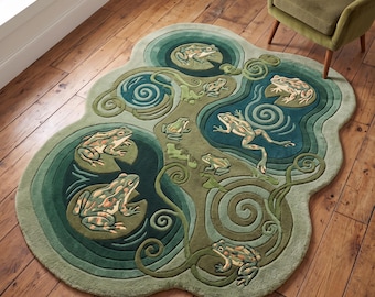 Frog Rug, Hand Tufted New Zealand Wool, Irregular Botanical Design size 5x8
