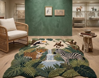 May include: A rectangular area rug featuring a jungle scene with a leopard, a zebra, a toucan, and a monkey surrounding a central waterfall. The rug is decorated with various green tropical leaves and is placed on a light wood floor.