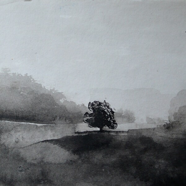 Misty tree ink art print - 5x7 or 8x10 - Illustration - Lonely melancholic tree in a field - black and white