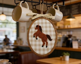 Hand Felted Rocking Horse Hoop Art, Handmade Brown Horse Wall Decor for Nursery