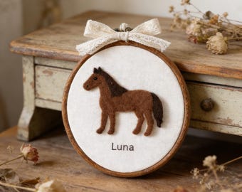 Personalized Needle Felted Horse Hoop Art, Custom Name Wall Hanging, Wild Animal Nursery Decor