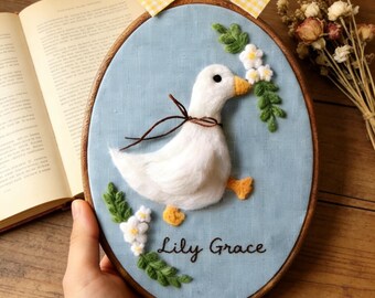 Personalized Felt Goose Nursery Wall Art, Handmade Needle Felt Hoop, Baby Room Heirloom Decor