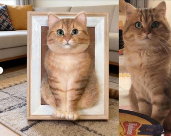 Custom Felted Pet Portrait Framed, Wool Felt Cat Sculpture with Frame, Personalized Pet Memorial