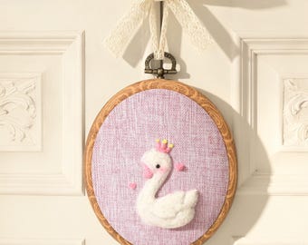 Needle Felted Swan Hoop Art, Princess Crown Nursery Decor, Pink Baby Room