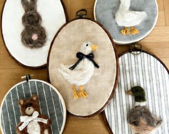 Handmade Felted Goose Wall Art, Needle Felt Embroidery Hoop, Nursery & Baby Room Decor