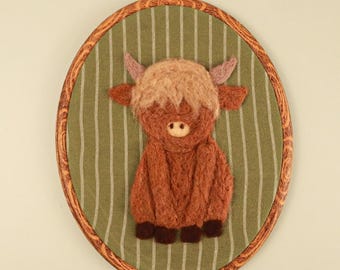 Needle Felted Highland Cow Wall Art | Handmade Wool Cow Embroidery Hoop | Farmhouse Nursery Decor